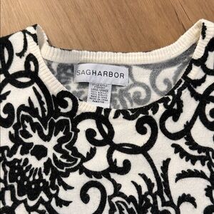 Sag Harbor Damask Print Crew Neck Sweater in Ivory and Black